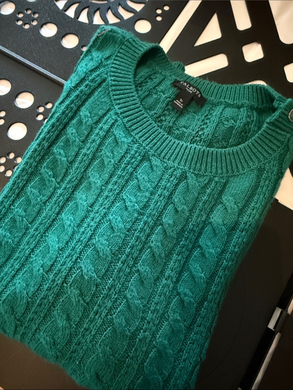 Talbots Emerald Green Cable-Knit Crewneck Sweater Lush Green S-Petite NWOT - Picture 7 of 7